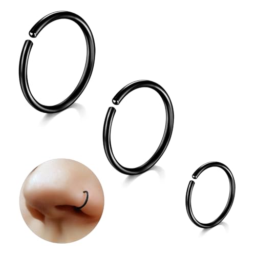 ESHIONER G23 Titan Nasenpiercing Nasenring Hoop Set Knorpel Ringe Dünn Klein Septum Helix Ringe Hypoallergen 20G 6MM/8MM/10MM Schwarz 3PCS Knorpel Ohrring Nase piercing Schmuck Damen von ESHIONER