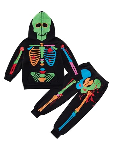 ESHOO Halloween-Kapuzenhosen-Set für Jungen und Mädchen, leuchtet im Dunkeln, Totenkopf-Skelett-Pullover-Outfits, Schwarz + Grün, 6-7 Years von ESHOO