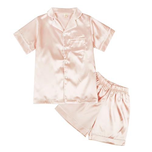 ESHOO Kinder Jungen Mädchen Pyjamas Nachtwäsche, Teens Sommer Reine Farbe gefälschte Seide Satin Kurzarm Pyjamas Set 2-Stücke Nachtwäsche Homewear Pjs von ESHOO