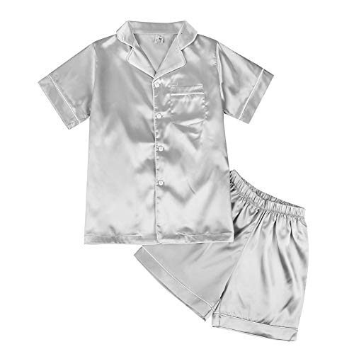 ESHOO Kinder Jungen Mädchen Pyjamas Nachtwäsche, Teens Sommer Reine Farbe gefälschte Seide Satin Kurzarm Pyjamas Set 2-Stücke Nachtwäsche Homewear Pjs von ESHOO