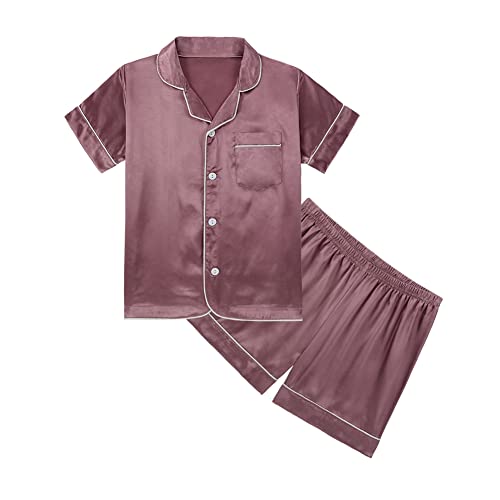 ESHOO Kinder Jungen Mädchen Pyjamas Nachtwäsche, Teens Sommer Reine Farbe gefälschte Seide Satin Kurzarm Pyjamas Set 2-Stücke Nachtwäsche Homewear Pjs von ESHOO