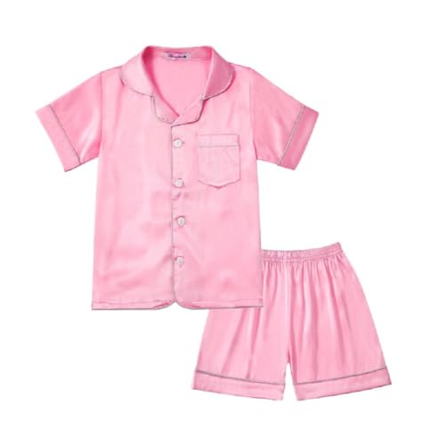 ESHOO Kinder Jungen Mädchen Pyjamas Nachtwäsche, Teens Sommer Reine Farbe gefälschte Seide Satin Kurzarm Pyjamas Set 2-Stücke Nachtwäsche Homewear Pjs von ESHOO