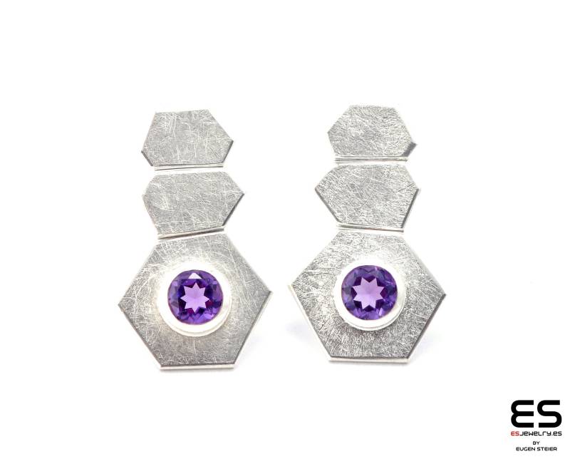 Handgemachte Ohrringe Aus 925 Silber Mit Rundem 5mm Amethyst Edelstein Hexagonal Minimalistiches Design Roku Kollektion von ESJewelryBarcelona
