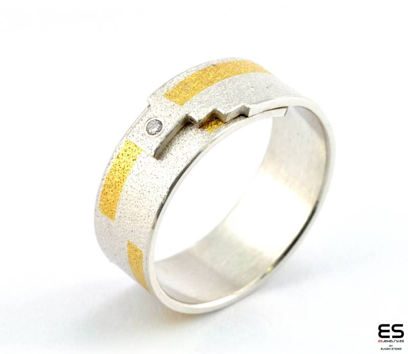 Handgemachter Ring Aus 925 Silber, 24 Karat Gold Feingold Und Diamant Keum Boo Kum Matt Für Männer Frauen Unisex Design Tetris von ESJewelryBarcelona