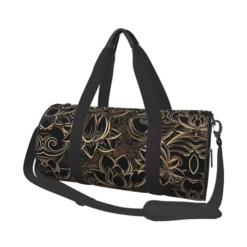 Boho Gold Lotus Flowers Print Travel Duffel Bag, Foldable Gym Bag Overnight Weekend Bags for Women, Large Holdall Bag Cabin Bag for Sports and Travel, Schwarz , Einheitsgröße Boho Gold Lotus Flowers Print Travel Duffel Bag, Foldable Gym Bag Overnight Weekend Bags for Women, Large Holdall Bag Cabin Bag for Sports and Travel, Schwarz , Einheitsgröße von ESNAIUVCD