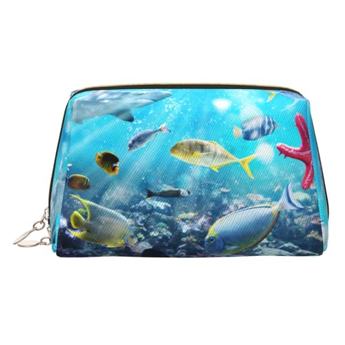 Bunte 3D-Naturlandschaft des Meeres unter Wasser tropischer Fische, Make-up-Tasche, Kosmetiktasche, Damen-Kosmetiktasche aus PU-Leder mit Handschlaufe, Reise-Kulturbeutel, Make-up-Tasche, gold von ESNAIUVCD