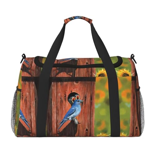 Damen-Sporttasche mit Vogel- und Sonnenblumen-Aufdruck, Reisetasche, Sporttasche mit Fach, Seesack für Herren, Damen, Handgepäck, Wochenend-Reisehandtasche für Damen von ESNAIUVCD