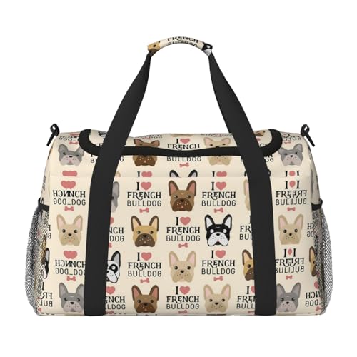 Damen-Sporttasche mit französischem Hundeaufdruck, Reisetasche, Sporttasche mit Fach, Seesack für Herren, Damen, Handgepäck, Wochenend-Reisehandtaschen für Frauen, Schwarz , Einheitsgröße von ESNAIUVCD