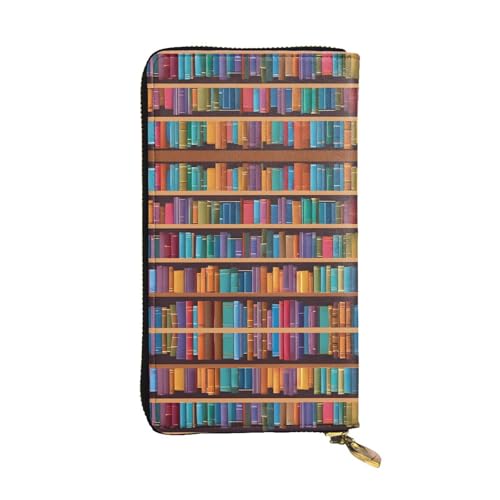 ESNAIUVCD Bibliotheks-Bücherregal-Druck, echtes Leder, für Damen, Herren, multifunktional, Clutch, Reißverschluss, große Reise-Handy, lange Geldbörsen, Schwarz , Einheitsgröße von ESNAIUVCD