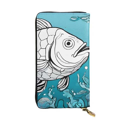 ESNAIUVCD Big Fish Print Echtes Leder Damen Herren Geldbörsen Multifunktions Clutch Geldbörse Reißverschluss Groß Reise Handy Lange Geld Geldbörsen, Schwarz , Einheitsgröße von ESNAIUVCD