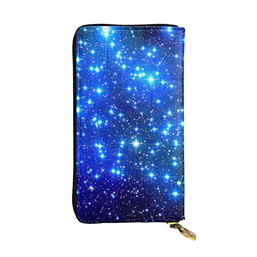 ESNAIUVCD Blaue glänzende Sterne Druck Echtes Leder Damen Herren Geldbörsen Multifunktions-Clutch Geldbörse Reißverschluss Groß Reise Handy Lange Geld Geldbörsen, Schwarz , Einheitsgröße von ESNAIUVCD