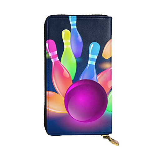 ESNAIUVCD Bowlingball-Druck, echtes Leder, für Damen, Herren, multifunktional, Clutch, Reißverschluss, große Reise-Handy, lange Geldbörse, Schwarz , Einheitsgröße von ESNAIUVCD