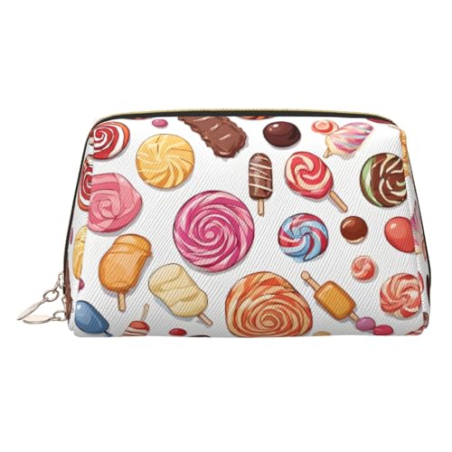 ESNAIUVCD Bunte Make-up-Tasche mit süßem Lutscher-Cupcake-Donut-Druck, Kosmetiktasche, Damen-Kosmetiktasche aus PU-Leder mit Handschlaufe, Reise-Kulturbeutel, Make-up-Tasche, gold, Einheitsgröße von ESNAIUVCD