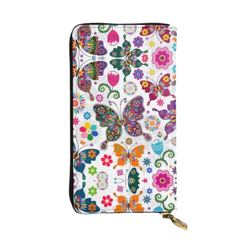 ESNAIUVCD Bunte Schmetterlinge und Blumen Druck Echtes Leder Damen Herren Geldbörsen Multifunktions-Clutch Geldbörse Reißverschluss Groß Reise Handy Lange Geld Geldbörsen, Schwarz , Einheitsgröße von ESNAIUVCD