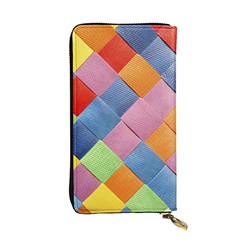ESNAIUVCD Buntes Karomuster aus echtem Leder, für Damen und Herren, multifunktional, Clutch, Reißverschluss, große Reise-Handy, lange Geldbörse, Schwarz , Einheitsgröße von ESNAIUVCD