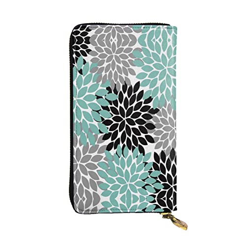 ESNAIUVCD Dahlia Flower Print Echtes Leder Damen Herren Geldbörsen Multifunktions Clutch Geldbörse Reißverschluss Groß Reise Handy Lange Geld Geldbörsen, Schwarz , Einheitsgröße von ESNAIUVCD