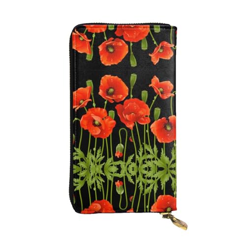 ESNAIUVCD Damen- und Herren-Geldbörse, Motiv: Frühlingsrote Blumen, echtes Leder, Multifunktions-Clutch, Reißverschluss, große Reise-Handy, lange Geldbörsen, Schwarz , Einheitsgröße von ESNAIUVCD