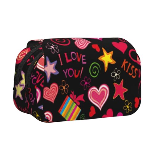 ESNAIUVCD Doppelschichtige Stifttasche mit mehreren Symbolen, großes Fassungsvermögen, geeignet für Jungen, Mädchen und Erwachsene. Diese Büro-Stifttasche mit Fächern, Schwarz , Einheitsgröße von ESNAIUVCD