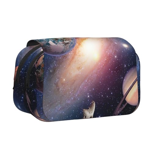 ESNAIUVCD Doppelschichtiges Stifteetui mit Universum-Planetendruck, geeignet für Jungen, Mädchen und Erwachsene. Diese Büro-Stifttasche mit Fächer-Design, Schwarz , Einheitsgröße, Kosmetikkoffer von ESNAIUVCD