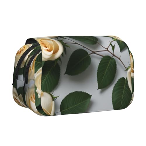 ESNAIUVCD Doppelschichtiges Stifteetui mit weißem Rosenmuster, geeignet für Jungen, Mädchen und Erwachsene. Diese Büro-Stifttasche mit Fächer-Design von ESNAIUVCD