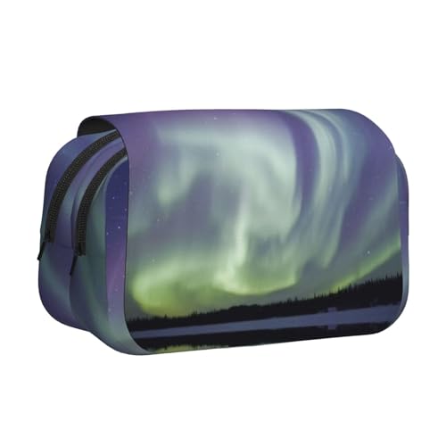 ESNAIUVCD Doppelschichtiges Stiftetui mit Aurora-Aufdruck, geeignet für Jungen, Mädchen und Erwachsene. Diese Büro-Stifttasche mit Fächer, Schwarz , Einheitsgröße, Kosmetikkoffer von ESNAIUVCD