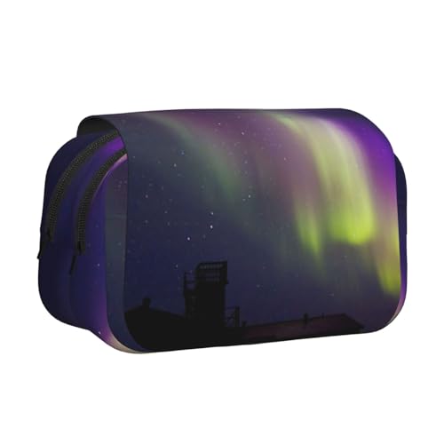ESNAIUVCD Doppelschichtiges Stiftetui mit Aurora-Polaris-Druck, geeignet für Jungen, Mädchen und Erwachsene. Diese Büro-Stifttasche mit Fächer, Schwarz , Einheitsgröße, Kosmetikkoffer von ESNAIUVCD