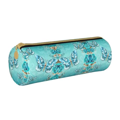 ESNAIUVCD Federmäppchen aus Leder, zylindrisch, mit Reißverschluss, Hellblau, Schmetterlingsdruck, hochwertiges PU-Leder, multifunktionale Schreibwarenaufbewahrung, geeignet für Studenten, weiß, von ESNAIUVCD