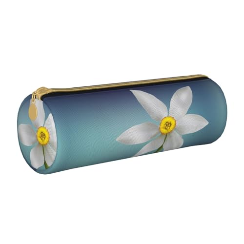 ESNAIUVCD Federmäppchen aus Leder, zylindrisch, mit Reißverschluss, weißes Narzissenmuster, hochwertiges PU-Leder, multifunktionale Schreibwarenaufbewahrung, geeignet für Studenten, weiß, von ESNAIUVCD