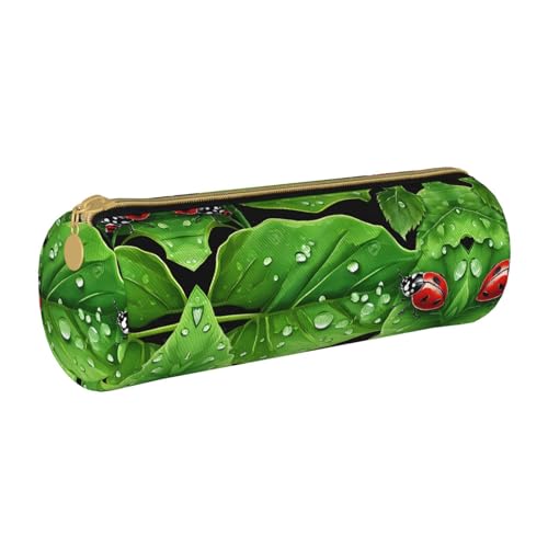 ESNAIUVCD Federmäppchen aus Leder mit Blättern und Marienkäfern, zylindrisch, mit Reißverschluss, hochwertiges PU-Leder, multifunktionale Schreibwarenaufbewahrung, geeignet für Studenten, weiß, von ESNAIUVCD