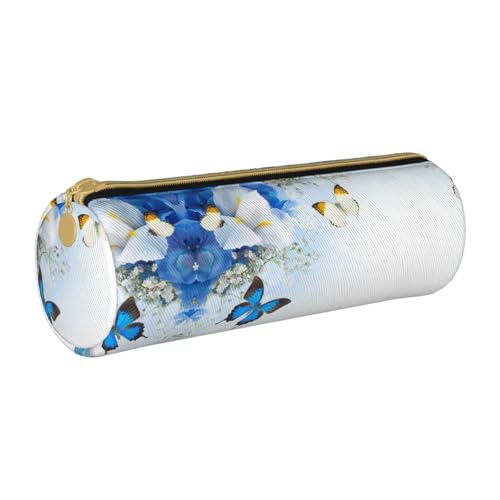 ESNAIUVCD Federmäppchen aus Leder mit Blumen- und Schmetterlingsdruck, zylindrisch, mit Reißverschluss, hochwertiges PU-Leder, multifunktionale Schreibwarenaufbewahrung, geeignet für Studenten, weiß, von ESNAIUVCD