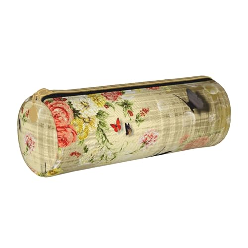ESNAIUVCD Federmäppchen aus Leder mit Blumen- und Schmetterlingsdruck, zylindrisch, mit Reißverschluss, hochwertiges PU-Leder, multifunktionale Schreibwarenaufbewahrung, geeignet für Studenten, weiß, von ESNAIUVCD