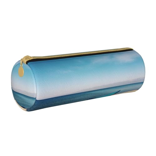 ESNAIUVCD Federmäppchen aus Leder mit Boot- und Meeresaufdruck, zylindrisches Reißverschluss, hochwertiges PU-Leder, multifunktionale Schreibwarenaufbewahrung, geeignet für Studenten, weiß, von ESNAIUVCD