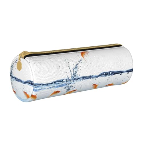 ESNAIUVCD Federmäppchen aus Leder mit Fisch im Wasserdruck, zylindrisch, mit Reißverschluss, hochwertiges PU-Leder, multifunktionale Schreibwarenaufbewahrung, geeignet für Studenten, weiß, von ESNAIUVCD