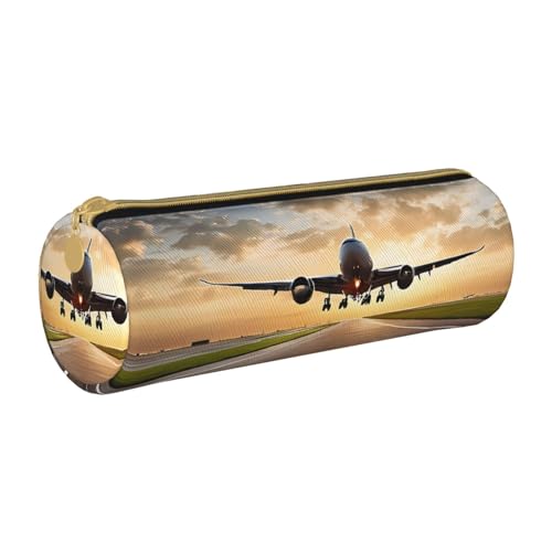 ESNAIUVCD Federmäppchen aus Leder mit Flugzeugdruck, zylindrisch, mit Reißverschluss, hochwertiges PU-Leder, multifunktionale Schreibwarenaufbewahrung, geeignet für Studenten, weiß, Einheitsgröße, von ESNAIUVCD