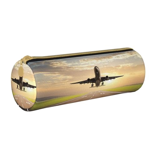 ESNAIUVCD Federmäppchen aus Leder mit Flugzeugdruck, zylindrisch, mit Reißverschluss, hochwertiges PU-Leder, multifunktionale Schreibwarenaufbewahrung, geeignet für Studenten, weiß, Einheitsgröße, von ESNAIUVCD