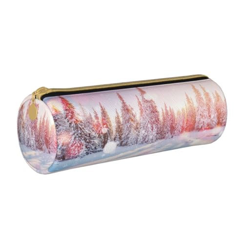 ESNAIUVCD Federmäppchen aus Leder mit Kiefernbäumen und Schnee, zylindrisch, mit Reißverschluss, hochwertiges PU-Leder, multifunktionale Schreibwarenaufbewahrung, geeignet für Studenten, weiß, von ESNAIUVCD