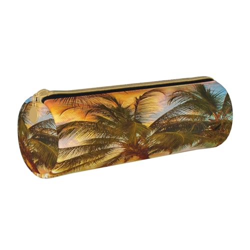 ESNAIUVCD Federmäppchen aus Leder mit Kokosnussbaum unter Sonnenuntergang bedruckt, zylindrischer Reißverschluss, hochwertiges PU-Leder, multifunktionale Schreibwarenaufbewahrung, geeignet für von ESNAIUVCD