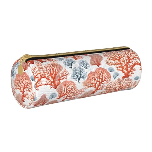 ESNAIUVCD Federmäppchen aus Leder mit Korallenriff-Druck, zylindrisch, mit Reißverschluss, hochwertiges PU-Leder, multifunktionale Schreibwarenaufbewahrung, geeignet für Studenten, weiß, von ESNAIUVCD