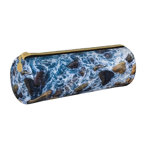 ESNAIUVCD Federmäppchen aus Leder mit Meeressteinen, zylindrisch, mit Reißverschluss, hochwertiges PU-Leder, multifunktionale Schreibwarenaufbewahrung, geeignet für Studenten, weiß, Einheitsgröße, von ESNAIUVCD