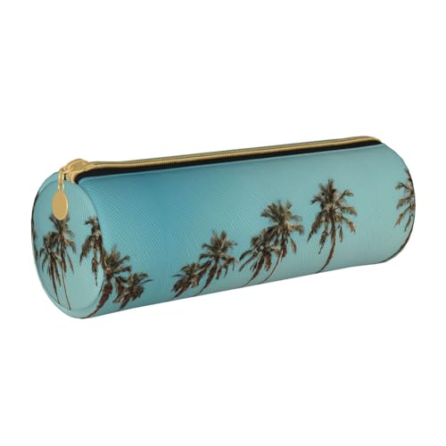 ESNAIUVCD Federmäppchen aus Leder mit Palmenaufdruck, zylindrisch, mit Reißverschluss, hochwertiges PU-Leder, multifunktionale Schreibwarenaufbewahrung, geeignet für Studenten, weiß, Einheitsgröße, von ESNAIUVCD