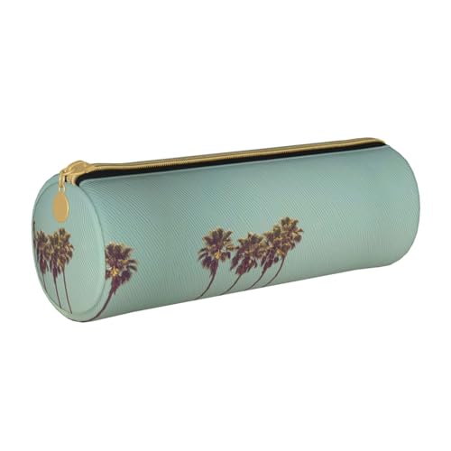 ESNAIUVCD Federmäppchen aus Leder mit Palmenaufdruck, zylindrisch, mit Reißverschluss, hochwertiges PU-Leder, multifunktionale Schreibwarenaufbewahrung, geeignet für Studenten, weiß, Einheitsgröße, von ESNAIUVCD