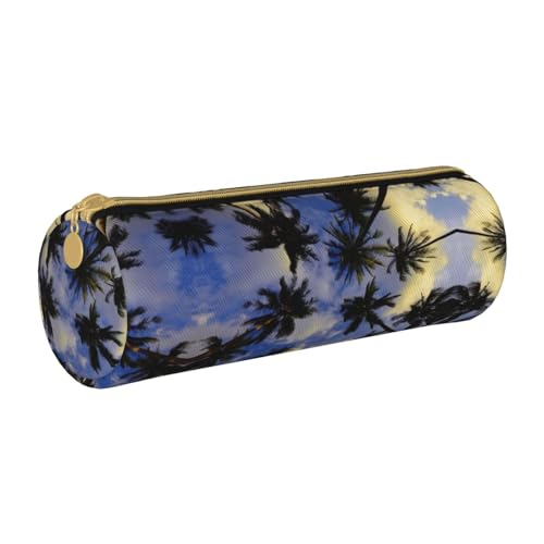 ESNAIUVCD Federmäppchen aus Leder mit Palmenaufdruck, zylindrisch, mit Reißverschluss, hochwertiges PU-Leder, multifunktionale Schreibwarenaufbewahrung, geeignet für Studenten, weiß, Einheitsgröße, von ESNAIUVCD