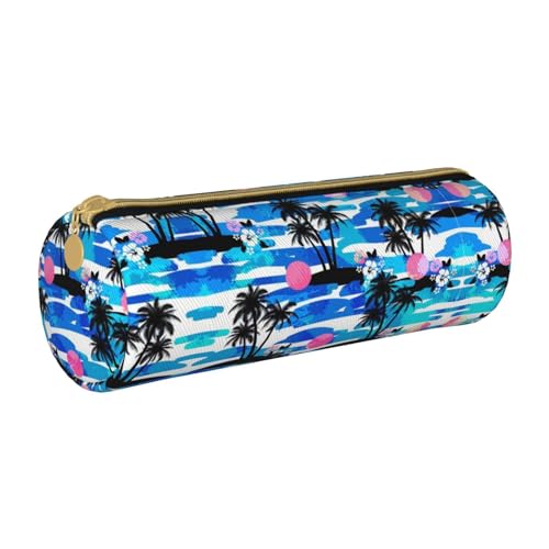 ESNAIUVCD Federmäppchen aus Leder mit Palmenaufdruck, zylindrisch, mit Reißverschluss, hochwertiges PU-Leder, multifunktionale Schreibwarenaufbewahrung, geeignet für Studenten, weiß, Einheitsgröße, von ESNAIUVCD