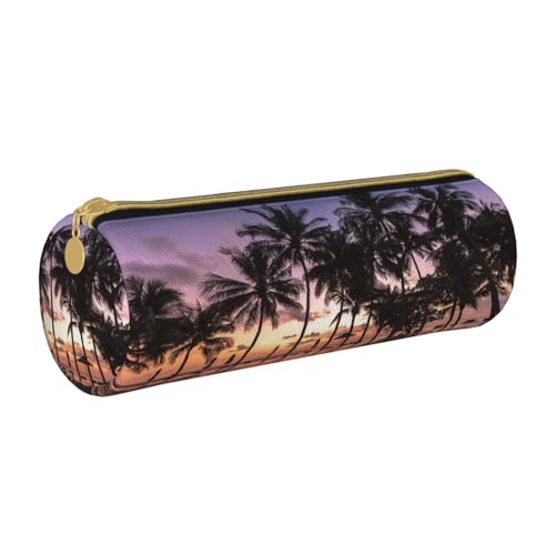 ESNAIUVCD Federmäppchen aus Leder mit Palmenaufdruck, zylindrisch, mit Reißverschluss, hochwertiges PU-Leder, multifunktionale Schreibwarenaufbewahrung, geeignet für Studenten, weiß, Einheitsgröße, von ESNAIUVCD