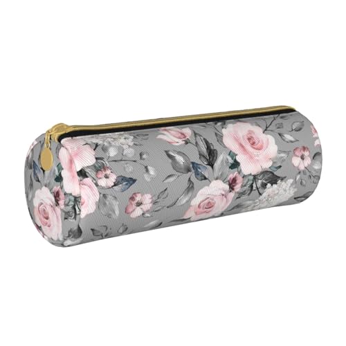 ESNAIUVCD Federmäppchen aus Leder mit Rosenblüten und Blättern, zylindrischer Reißverschluss, hochwertiges PU-Leder, multifunktionale Schreibwarenaufbewahrung, geeignet für Studenten, weiß, von ESNAIUVCD