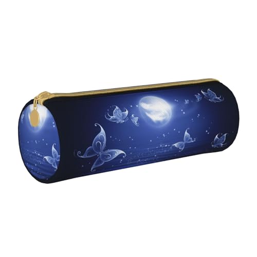 ESNAIUVCD Federmäppchen aus Leder mit Schmetterlings- und Mondaufdruck, zylindrischer Reißverschluss, hochwertiges PU-Leder, multifunktionale Schreibwarenaufbewahrung, geeignet für Studenten, weiß, von ESNAIUVCD