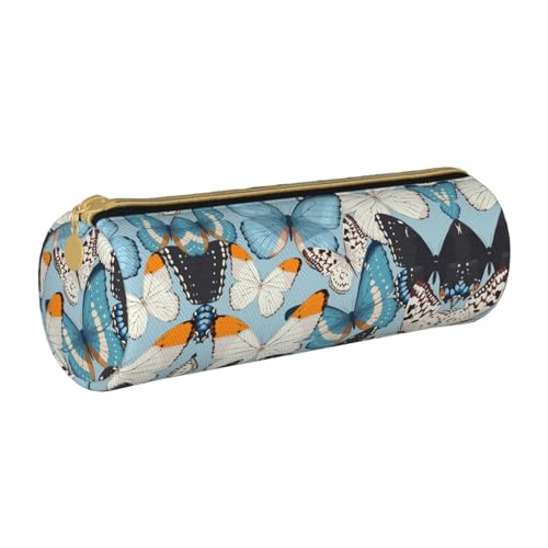 ESNAIUVCD Federmäppchen aus Leder mit Schmetterlingsdruck, zylindrisch, mit Reißverschluss, hochwertiges PU-Leder, multifunktionale Schreibwarenaufbewahrung, geeignet für Studenten, weiß, von ESNAIUVCD