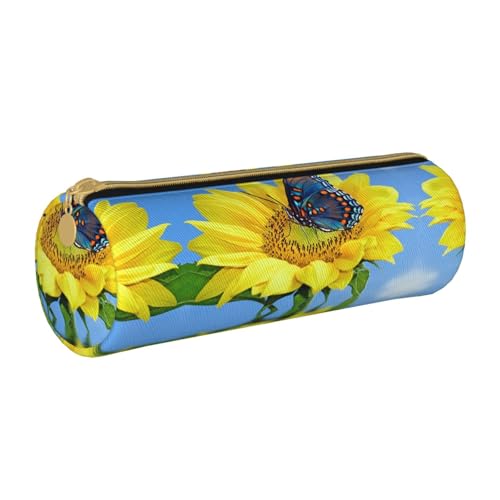 ESNAIUVCD Federmäppchen aus Leder mit Schmetterlingsmotiv auf Sonnenblumen-Druck, zylindrisch, mit Reißverschluss, hochwertiges PU-Leder, multifunktionale Schreibwaren-Aufbewahrung, geeignet für von ESNAIUVCD