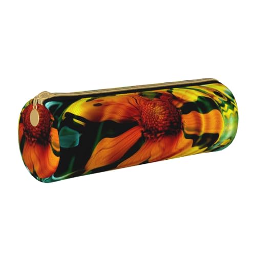 ESNAIUVCD Federmäppchen aus Leder mit Sonnenblume im Wasserdruck, zylindrischer Reißverschluss, hochwertiges PU-Leder, multifunktionale Schreibwarenaufbewahrung, geeignet für Studenten, weiß, von ESNAIUVCD