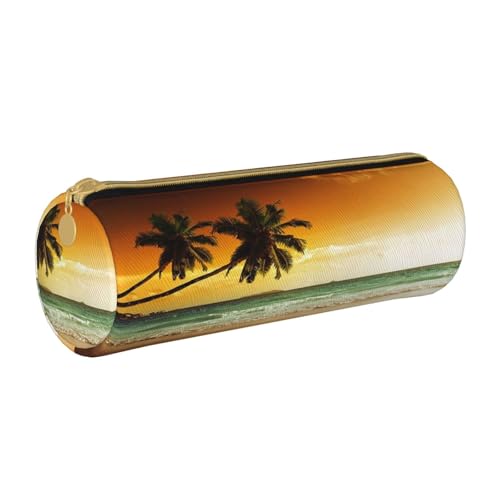 ESNAIUVCD Federmäppchen aus Leder mit Sonnenuntergang und Kokosnussbäumen am Strand, zylindrischer Reißverschluss, hochwertiges PU-Leder, multifunktionale Schreibwarenaufbewahrung, geeignet für von ESNAIUVCD